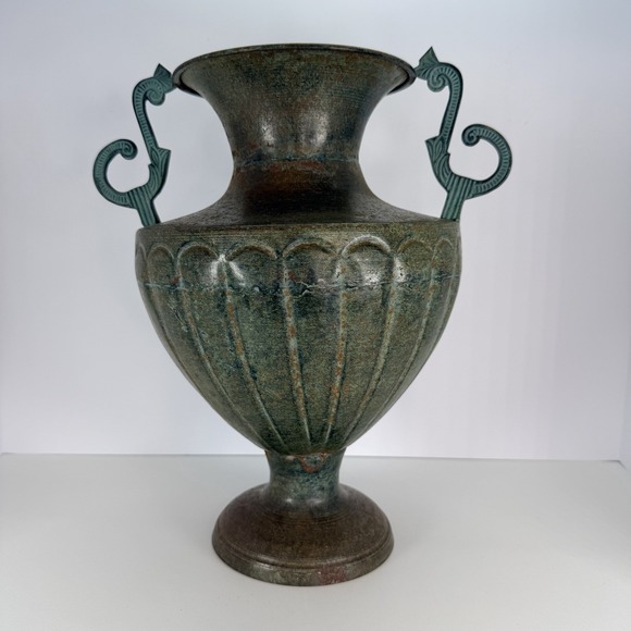 Bronze Tone Metal Urn Jardiniere Vase Handles Pedestal VTG Neoclassical Style - Picture 2 of 12
